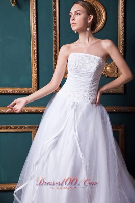 Snow White Church Wedding Dress Strapless Chapel Train