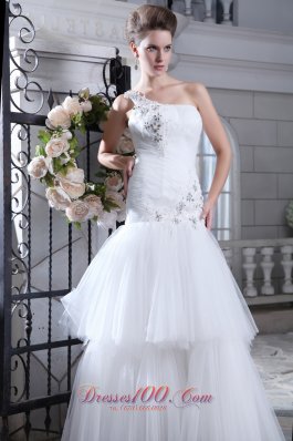 One Shoulder Mermaid Bridal Dress Crystal Tulle Tiered