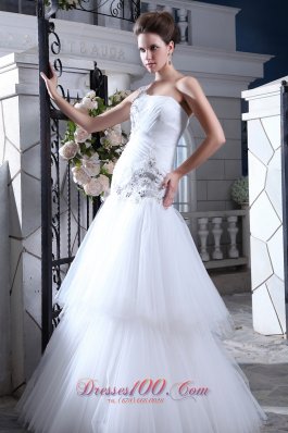 One Shoulder Mermaid Bridal Dress Crystal Tulle Tiered