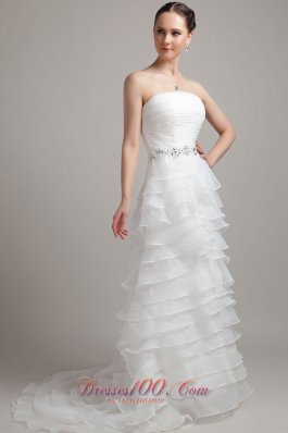 Princess Cascading Ruffles Beach Wedding Dress Court Train