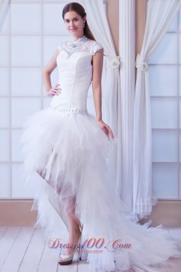 Unique High-neck High Low Bridal Gown Court Train Belt