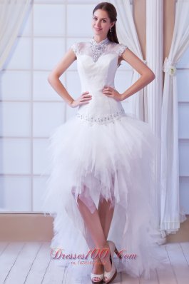 Unique High-neck High Low Bridal Gown Court Train Belt