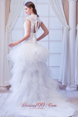 Unique High-neck High Low Bridal Gown Court Train Belt