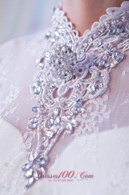 Unique High-neck High Low Bridal Gown Court Train Belt