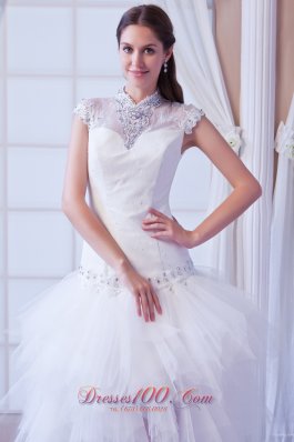 Unique High-neck High Low Bridal Gown Court Train Belt