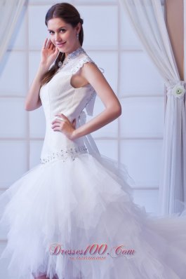 Unique High-neck High Low Bridal Gown Court Train Belt