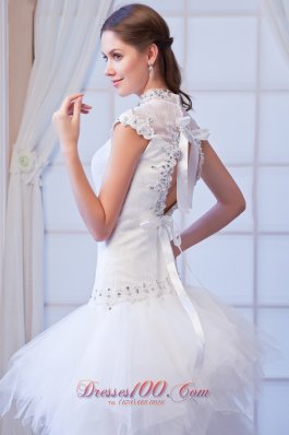 Unique High-neck High Low Bridal Gown Court Train Belt