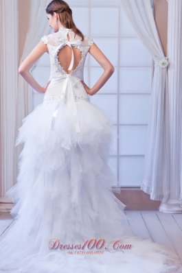 Unique High-neck High Low Bridal Gown Court Train Belt