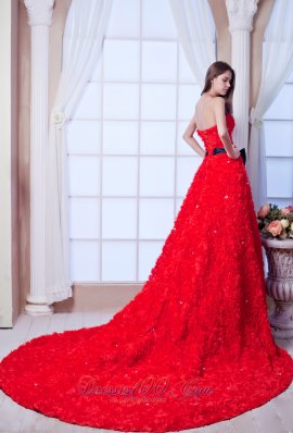 Gorgeous Red Special Rolling Flowers Wedding Dress Cathedral