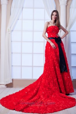 Gorgeous Red Special Rolling Flowers Wedding Dress Cathedral