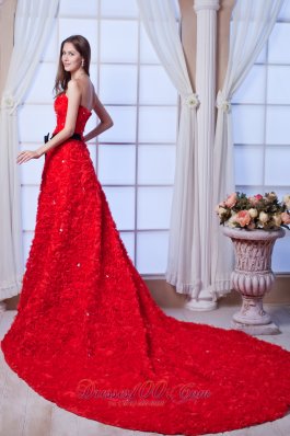 Gorgeous Red Special Rolling Flowers Wedding Dress Cathedral