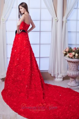 Gorgeous Red Special Rolling Flowers Wedding Dress Cathedral