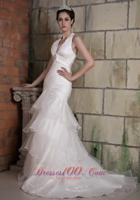 Sexy Halter Brooch Wedding Bridal Gown Tiered Ruffles Court