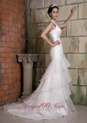 Sexy Halter Brooch Wedding Bridal Gown Tiered Ruffles Court