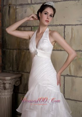 Sexy Halter Brooch Wedding Bridal Gown Tiered Ruffles Court