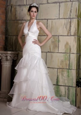 Sexy Halter Brooch Wedding Bridal Gown Tiered Ruffles Court