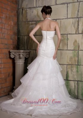 Sexy Halter Brooch Wedding Bridal Gown Tiered Ruffles Court