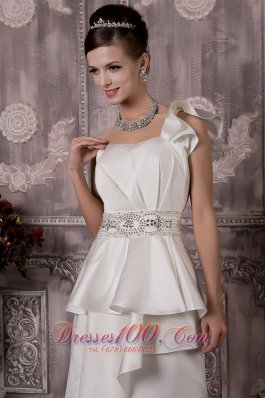 Floral One Shoulder Brush Train Satin Wedding Dress