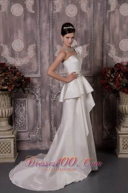 Floral One Shoulder Brush Train Satin Wedding Dress