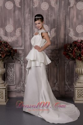 Floral One Shoulder Brush Train Satin Wedding Dress