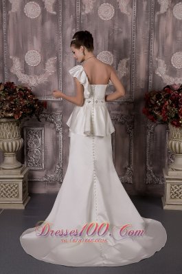 Floral One Shoulder Brush Train Satin Wedding Dress