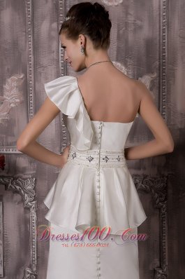 Floral One Shoulder Brush Train Satin Wedding Dress