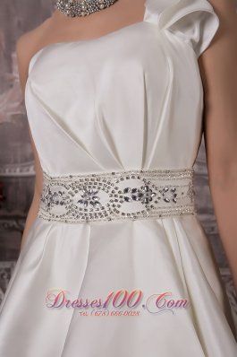 Floral One Shoulder Brush Train Satin Wedding Dress