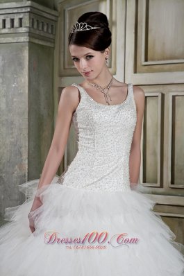 Elegant Scoop Brush Train Tulle Beading Wedding Dress