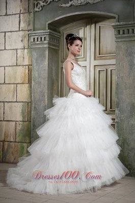 Elegant Scoop Brush Train Tulle Beading Wedding Dress