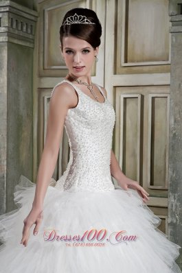 Elegant Scoop Brush Train Tulle Beading Wedding Dress