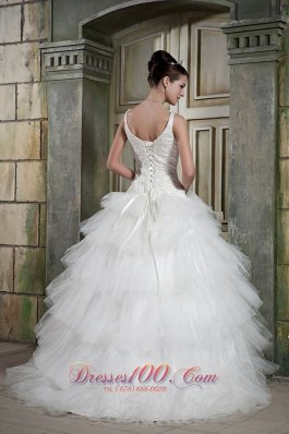 Elegant Scoop Brush Train Tulle Beading Wedding Dress