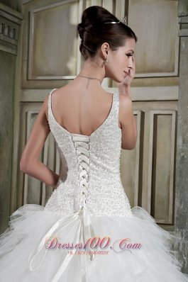 Elegant Scoop Brush Train Tulle Beading Wedding Dress