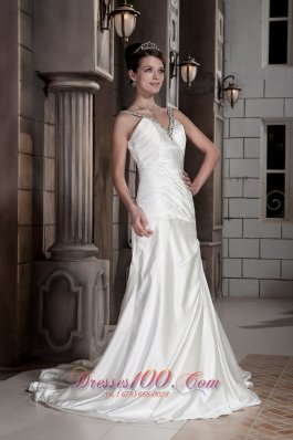 Fashionable Beaded V-neck Satin Ruchings Wedding Dress