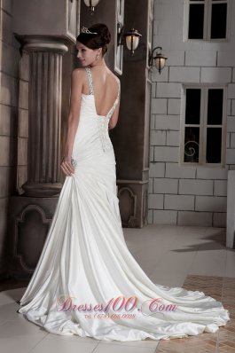 Fashionable Beaded V-neck Satin Ruchings Wedding Dress