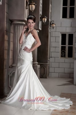 Fashionable Beaded V-neck Satin Ruchings Wedding Dress