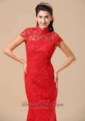 Red High-neck Short Sleeves Lace Prom Dress