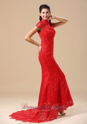 Red High-neck Short Sleeves Lace Prom Dress