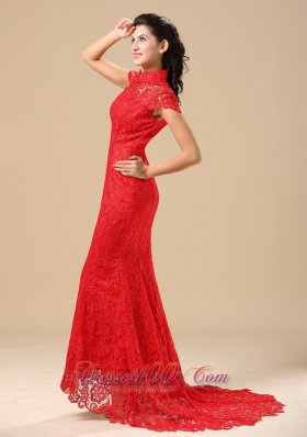 Red High-neck Short Sleeves Lace Prom Dress