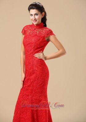 Red High-neck Short Sleeves Lace Prom Dress