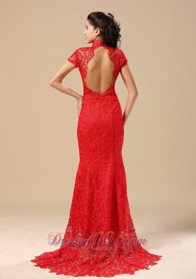 Red High-neck Short Sleeves Lace Prom Dress