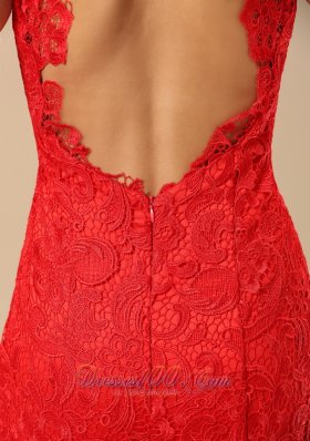 Red High-neck Short Sleeves Lace Prom Dress