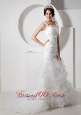 Floral Mermaid Straps Ruchings Wedding Dress Organza