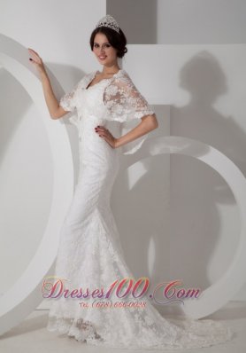 Unique Column V-neck Lace Bridal Dress