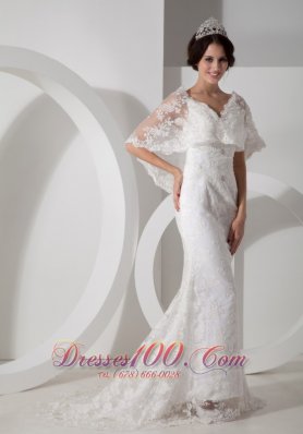 Unique Column V-neck Lace Bridal Dress