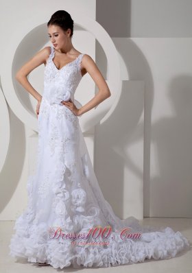 Sexy V-neck Floral Satin Sash Bridal Dresses