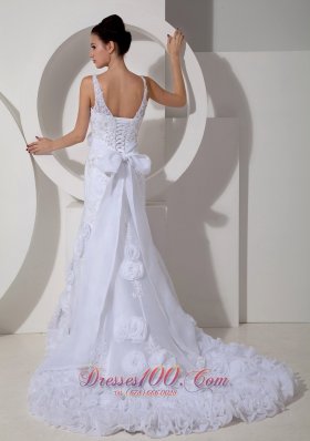 Sexy V-neck Floral Satin Sash Bridal Dresses