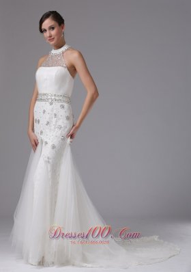 Halter Top Column Lace Beading Wedding Bridal Gown