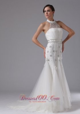 Halter Top Column Lace Beading Wedding Bridal Gown