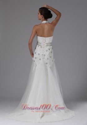 Halter Top Column Lace Beading Wedding Bridal Gown