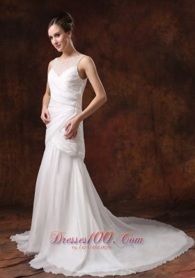 Soft Scoop Neckline Chiffon Ruch Bridal Dresses